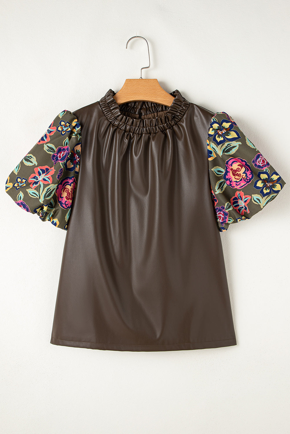 Four Leaf Clover Floral Bubble Sleeve Patchwork Leatherette Frilled Round Neck Blouse