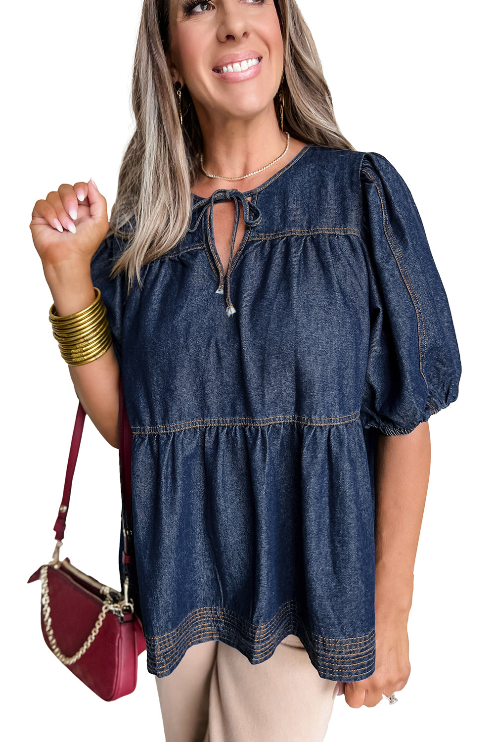 Sail Blue Puff Sleeve Lace-up Neckline Splicing Denim Blouse