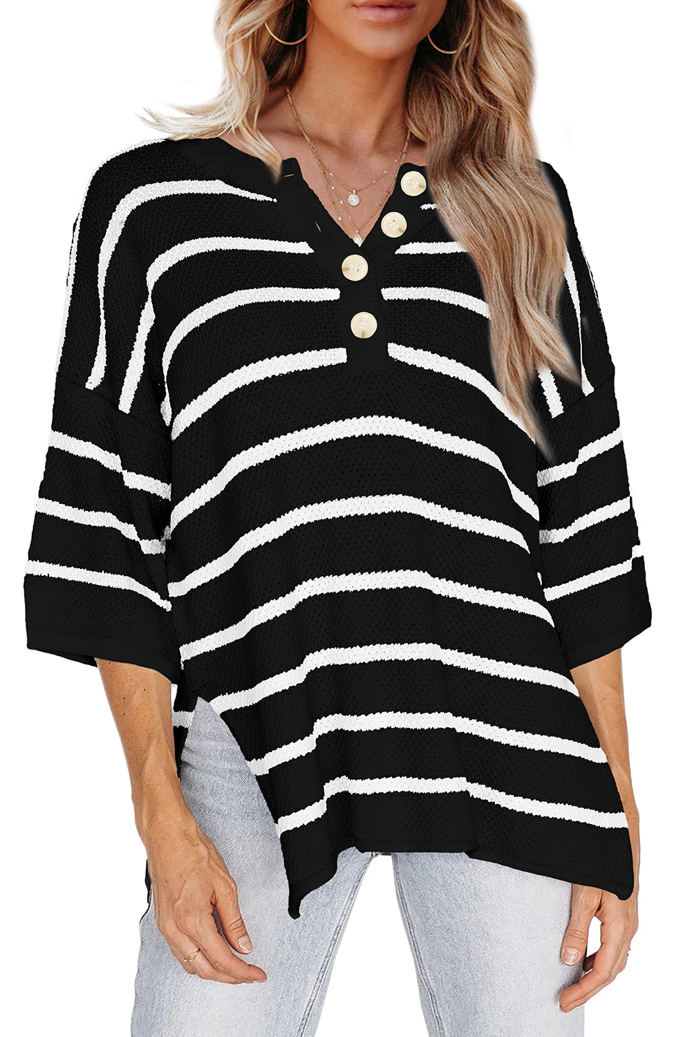 Black Stripe Henley Buttoned Placket Drop Shoulder Bracelet Sleeve Knit Sweater Tee