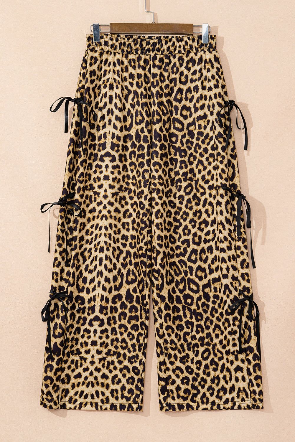 Brown Leopard Print Bow Tie Drawstring Elastic Waist Loose High Waist Pants