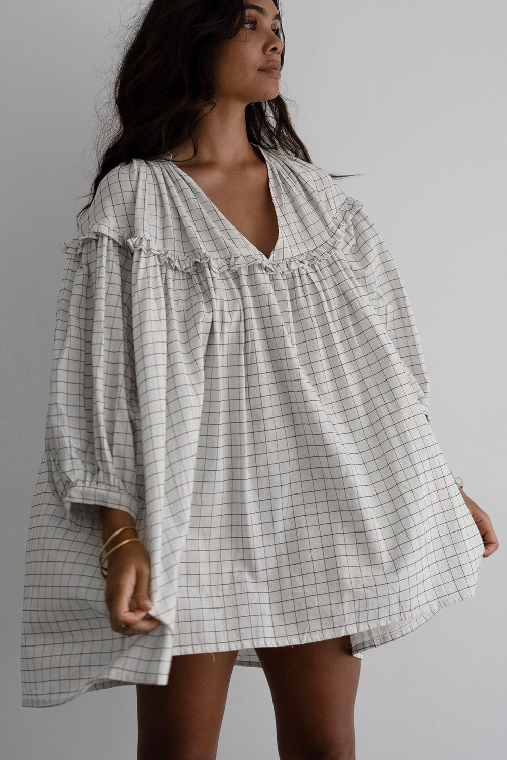 White Stripe Checkered Frilled V Neck Bracelet Sleeve Babydoll Dress