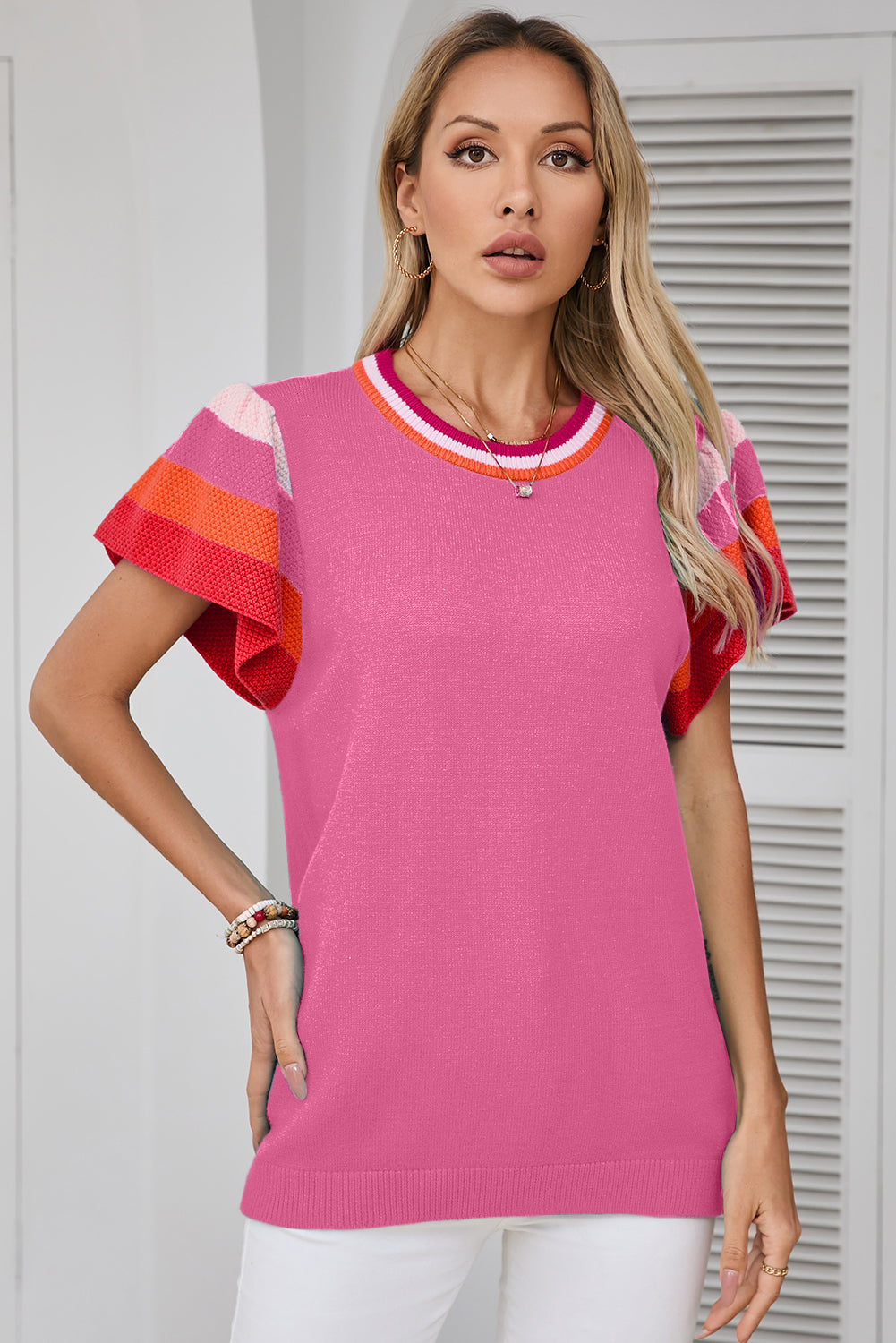 Bright Pink Contrast Flutter Sleeves Knitted Sweater T Shirt