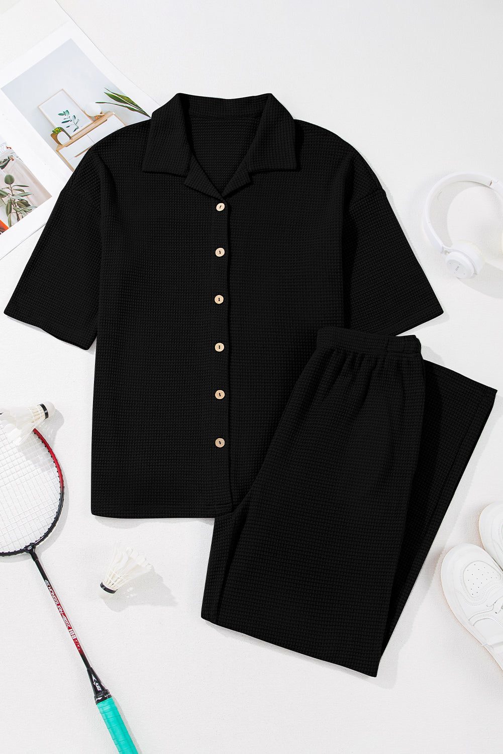 Black Solid Color Textured Buttoned Shirt and Casual Pants Set