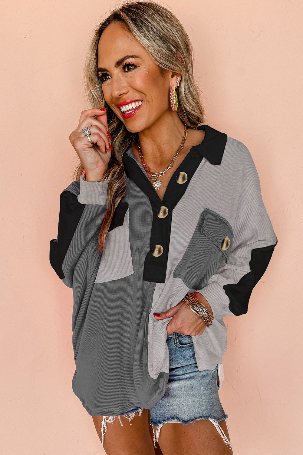 Gray Colorblock Ribbed Collared Oversized Sweatshirt