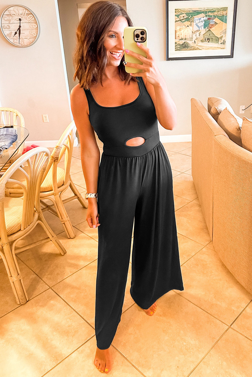 Black Peekaboo Wide Leg Square Neck Sleeveless Jumpsuit