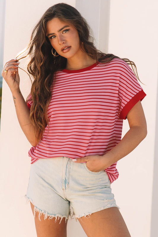 Pink Stripe Knitted Round Neck T Shirt