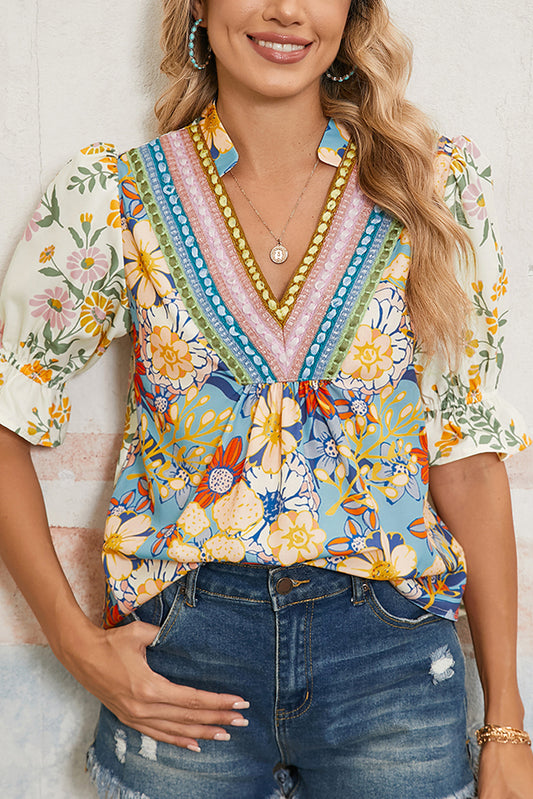 Multicolour Crochet V Neck Half Sleeve Boho Floral Blouse