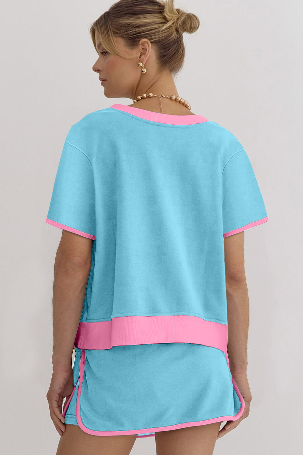 Rose Red Colorblock Edge Drop Shoulder T Shirt and Skort 2Pcs Set