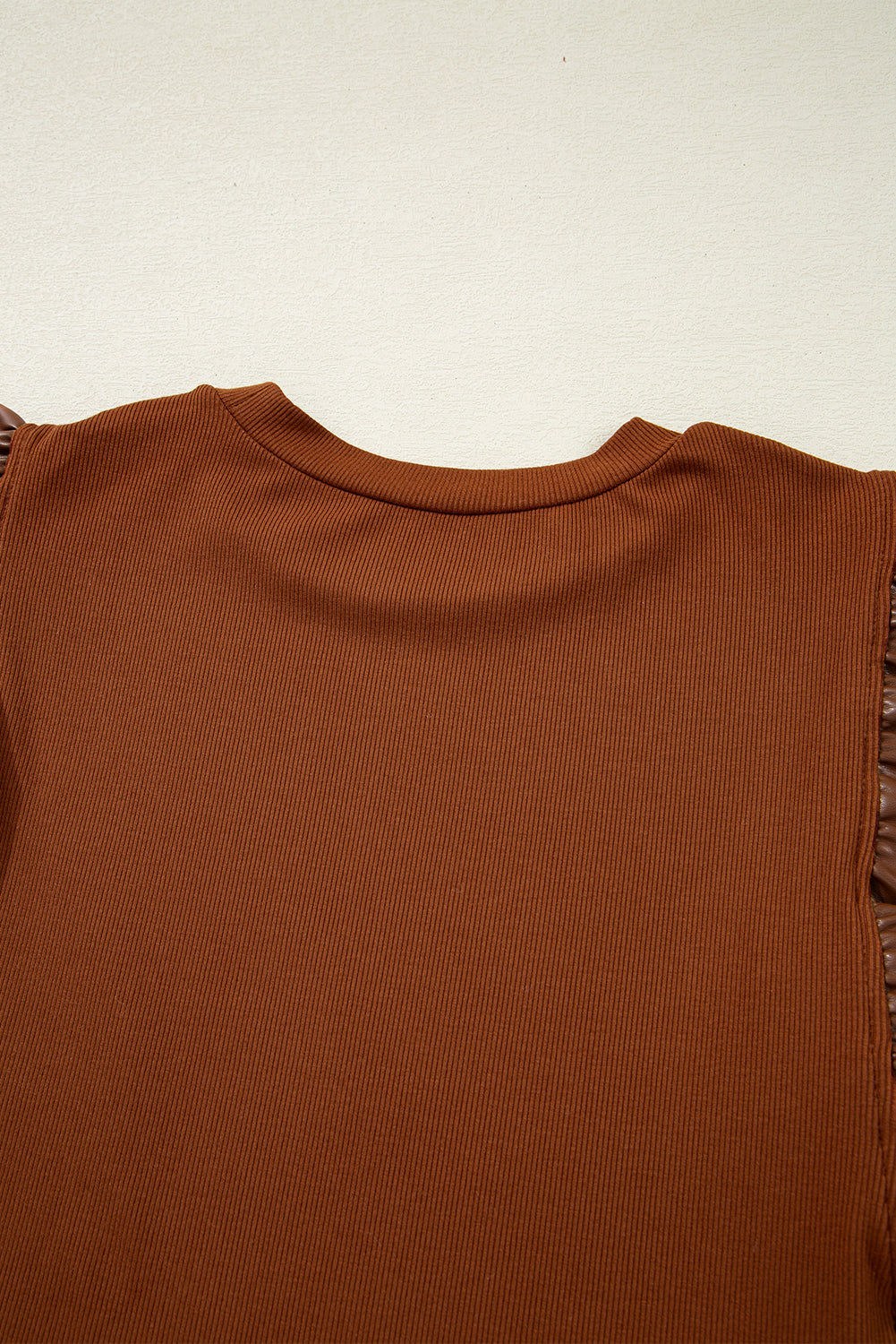 Cinnamon Leather Ruffle Sleeve Patchwork Round Neck Blouse