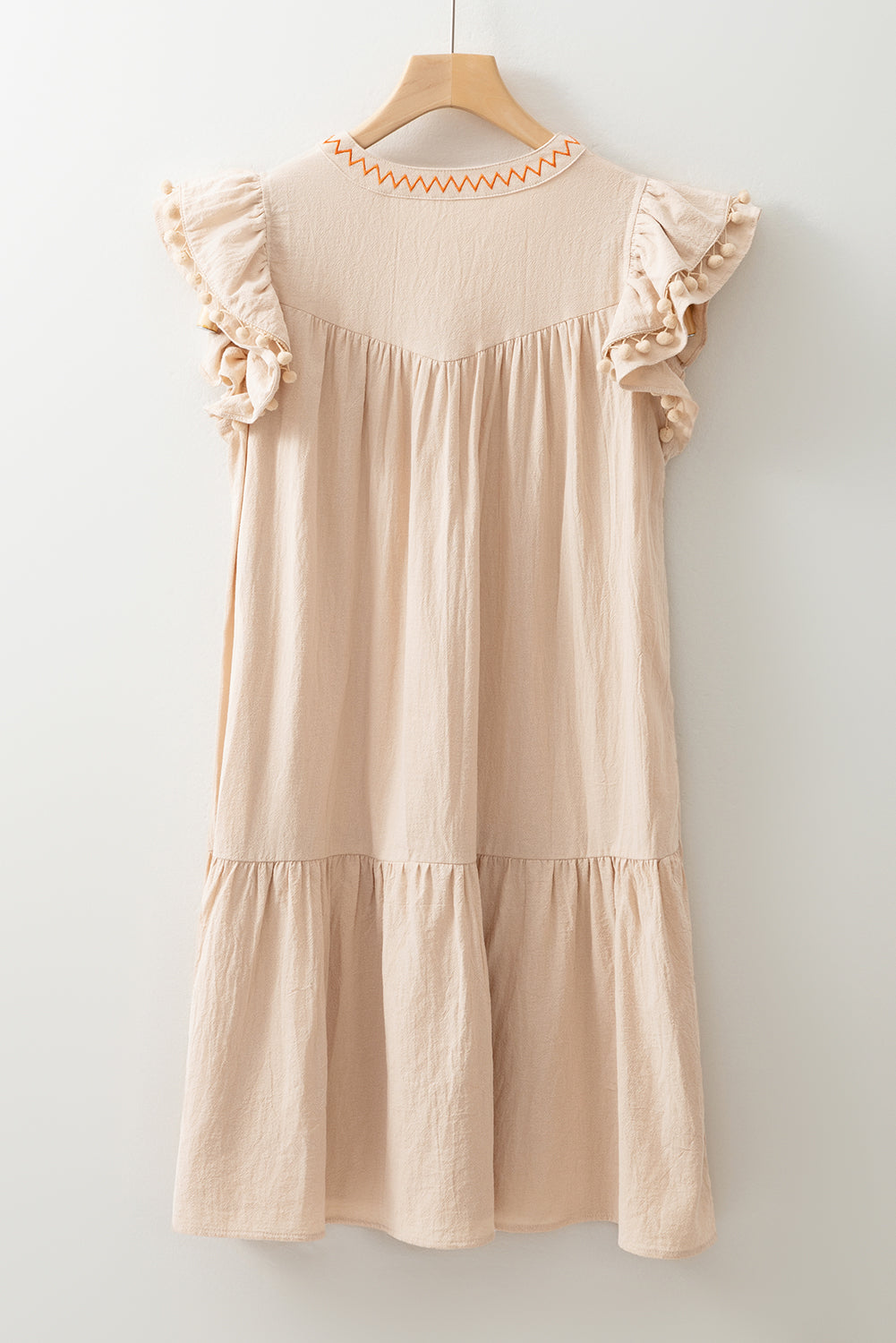 Jet Stream Linen Embroidery Split Neck Pom Pom Ruffle Sleeves Flowy Short Dress