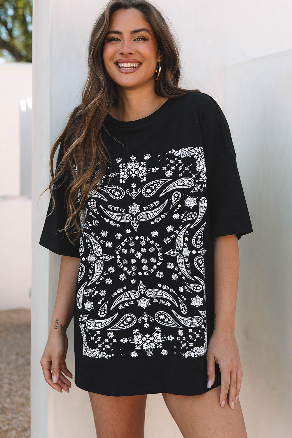 Black Paisley Print Crew Neck Loose Fit Tunic Tee