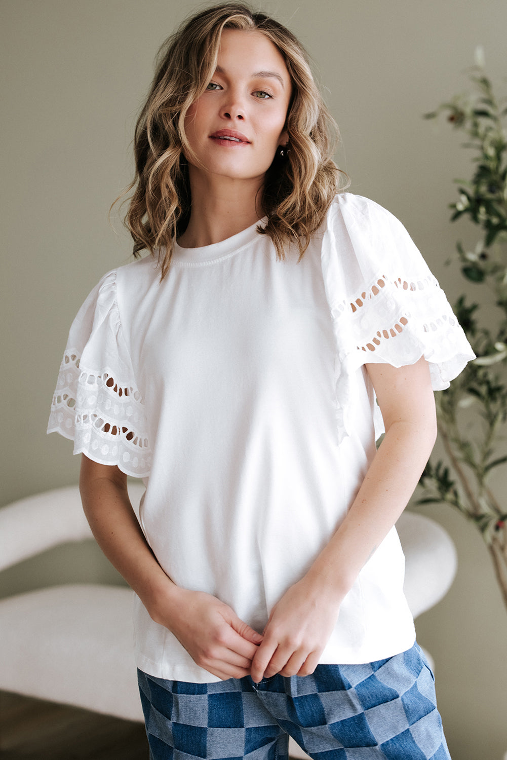 White Hollow Out Embroidered Short Sleeve O Neck Top