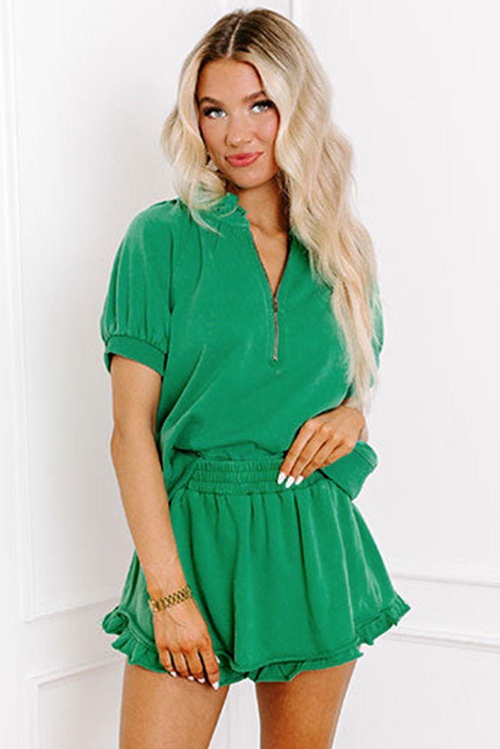 Sea Green Half Zip Puff Sleeve Top and Ruffled Shorts Set