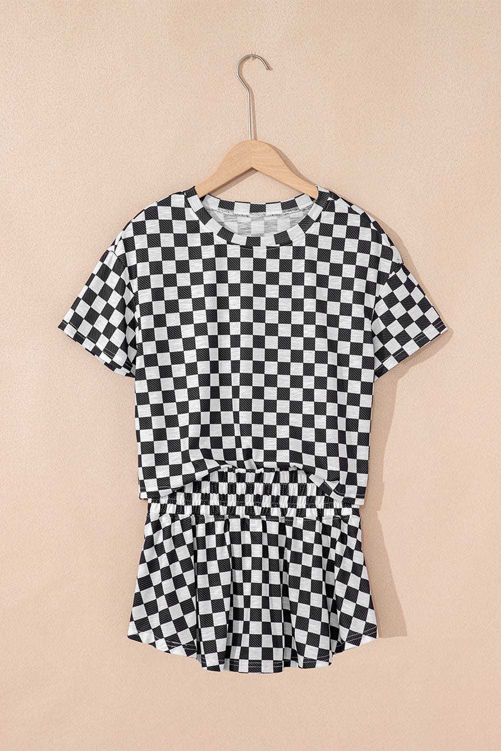 Pink Checkerboard T Shirt and High Waist Skorts 2 Piece Outfit