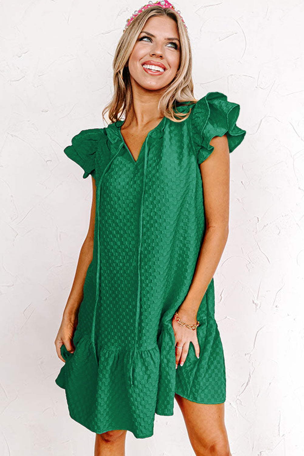 Blackish Green Flutter Sleeve Ruffled Textured Shift Dress