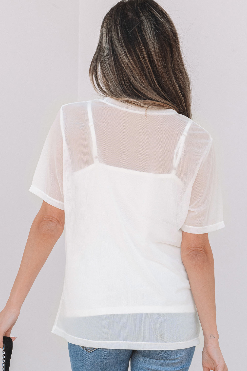 White Solid Color Sheer Mesh Patchwork Short Sleeve Top