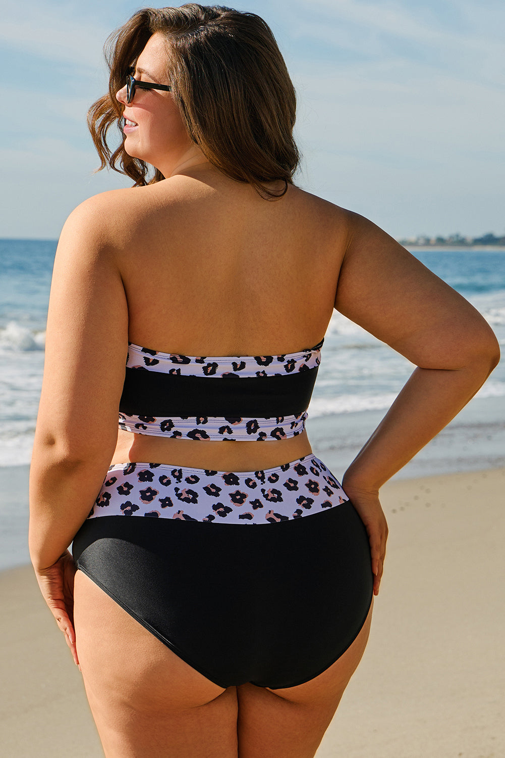 Black 2pcs Leopard Patchwork Plus Size High Waisted Swimsuit