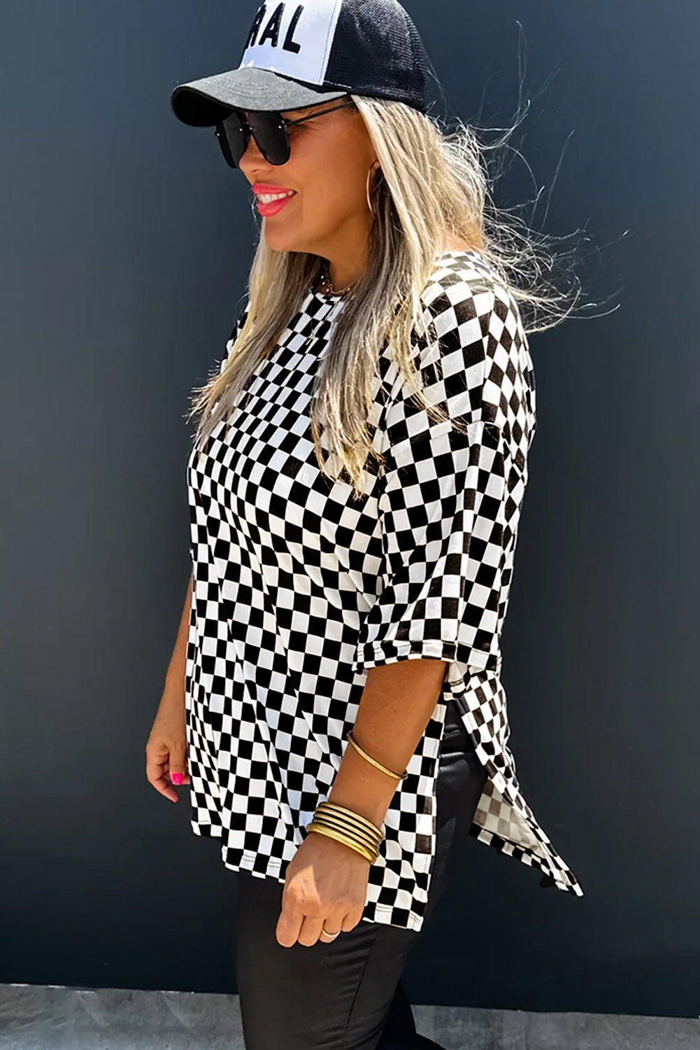 Black Checkered Print Side Slits O Neck Plus Size T Shirt