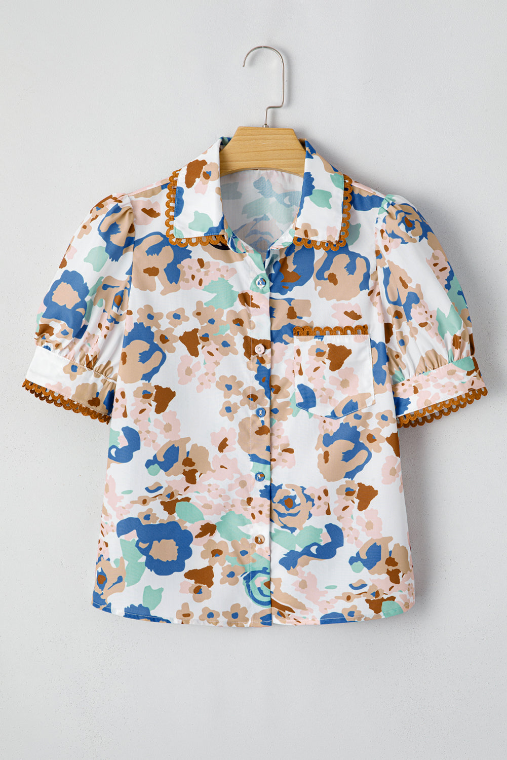 Multicolour Floral Print Ricrac Trim Collared Puff Short Sleeve Shirt