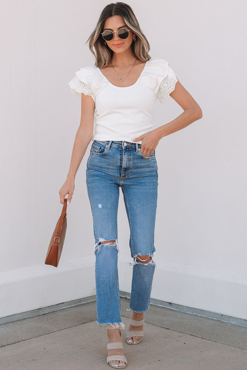 White Eyelet Ruffle Sleeve Slim Fitted Top