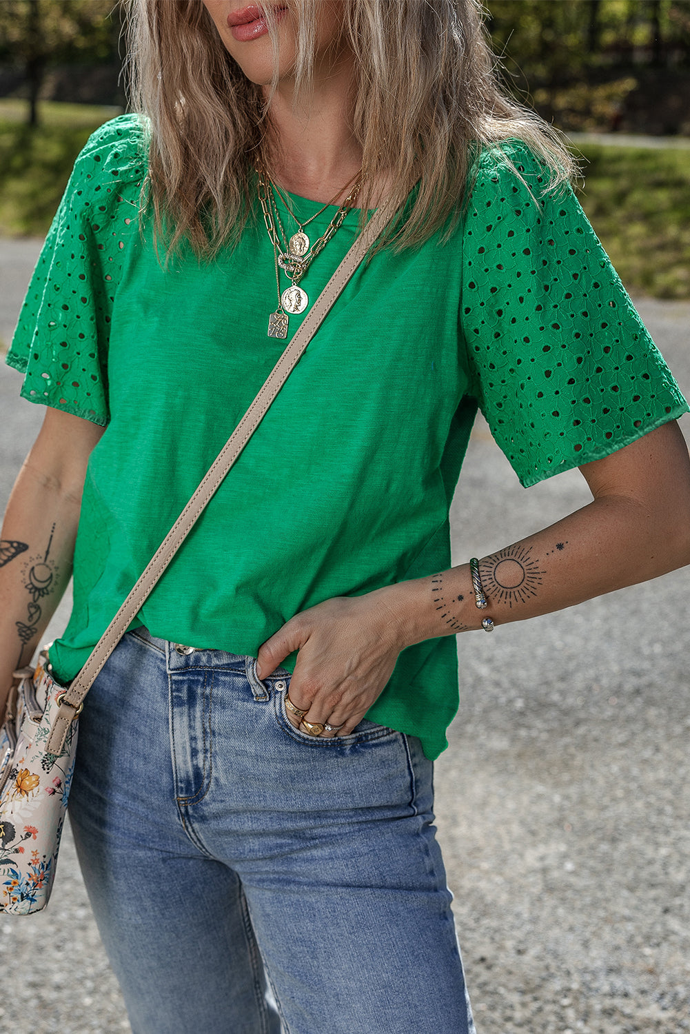 Bright Green Eyelet Embroidered Patchwork Shift Top