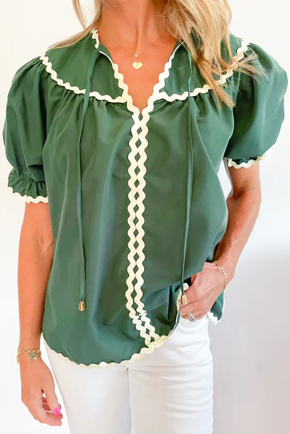 Mist Green Ric Rac Trim Tie Split Neck Short Sleeve Blouse