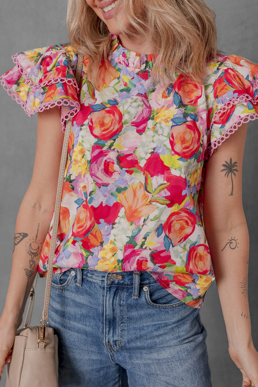 Multicolour Lace Trim Ruffle Short Sleeve Floral Blouse