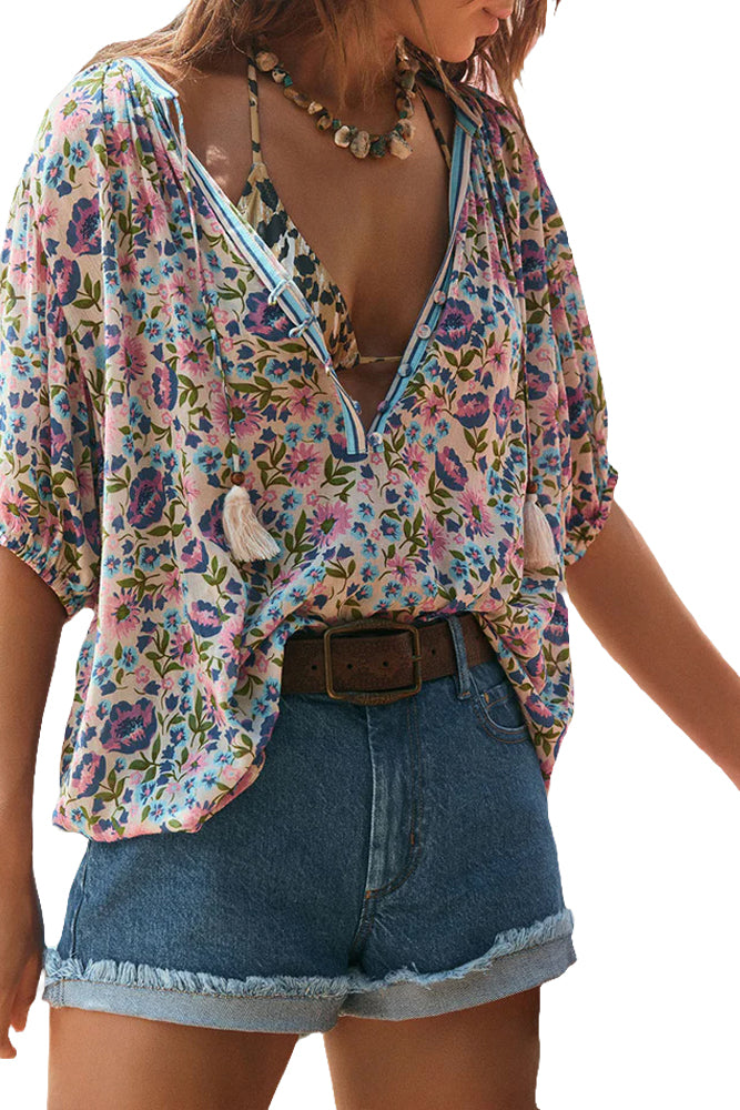 Multicolour Bohemian Floral V Neck Loose Half Sleeve Blouse