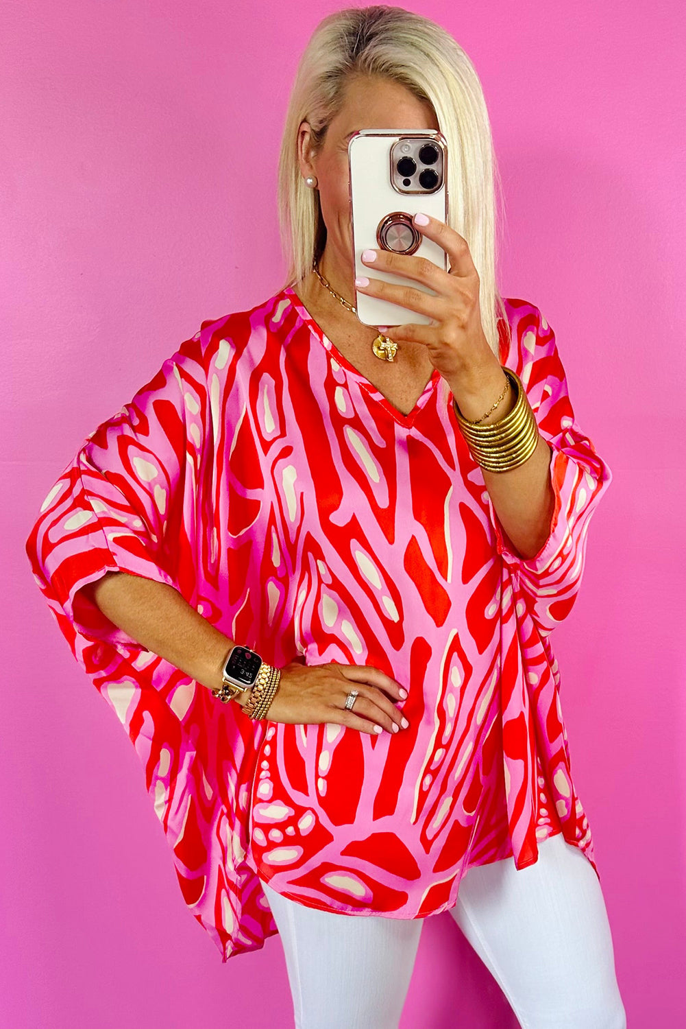 Red Abstract Print V Neck Batwing Sleeve Oversized Blouse