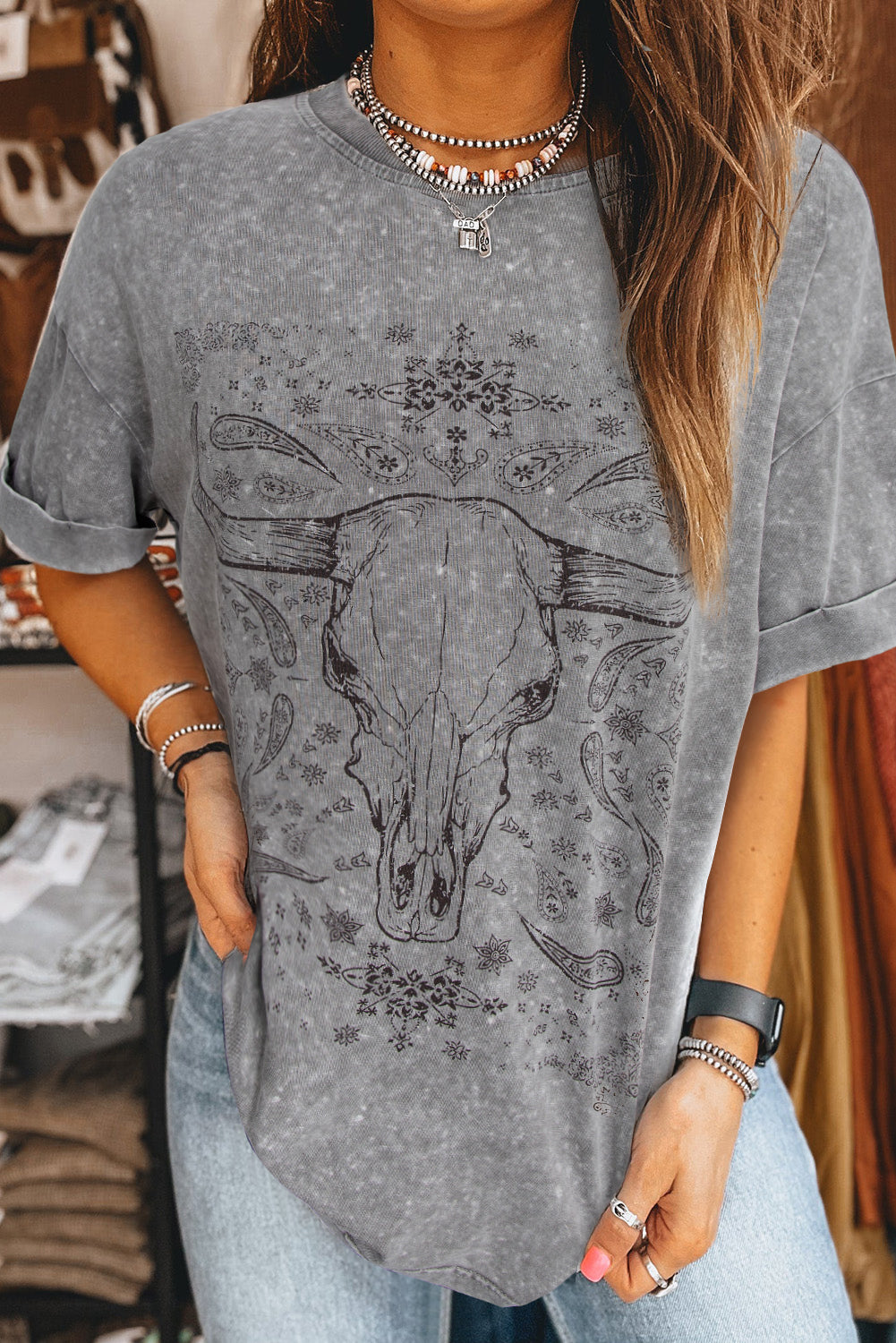 Light Grey Western Steer Head Tie Dye Print Crew Neck T Shirt