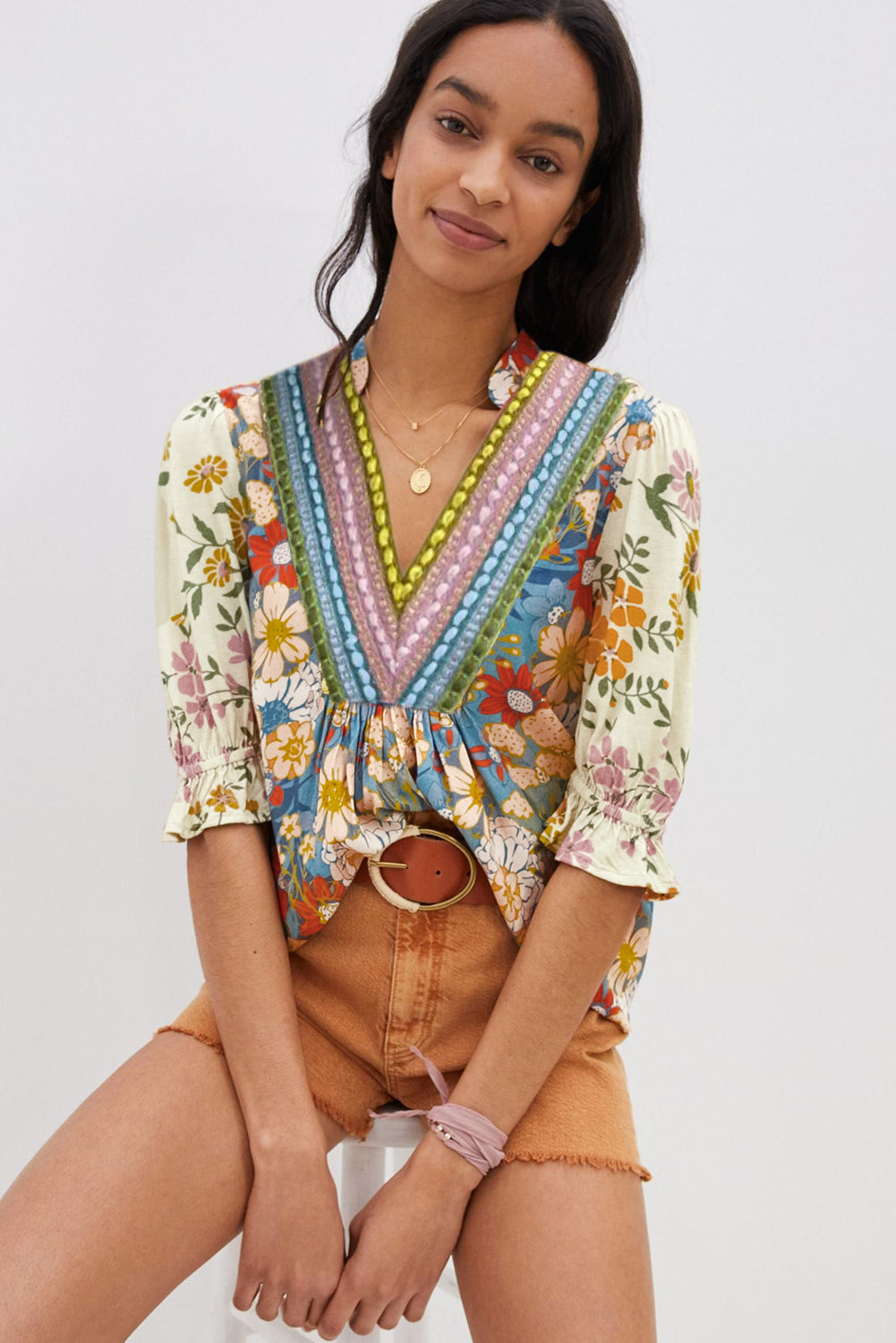 Multicolour Crochet V Neck Half Sleeve Boho Floral Blouse