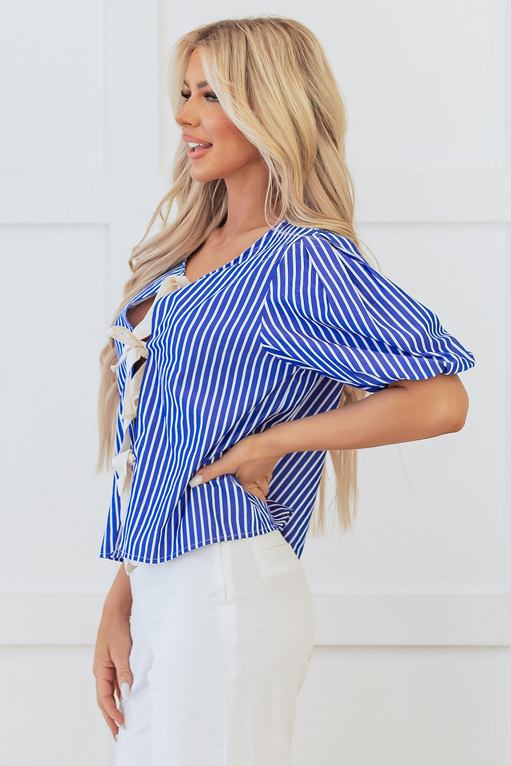 Blue Stripe Tied Front Puff Short Sleeve Blouse