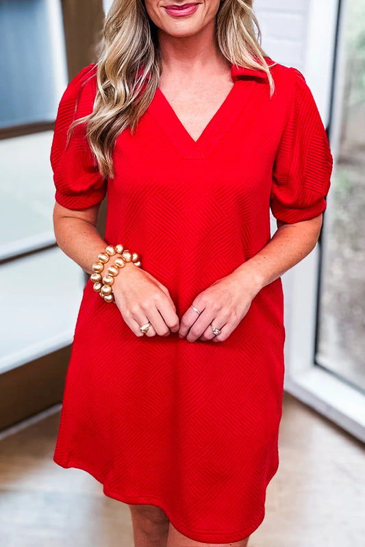 Fiery Red Textured Collared V Neck Puff Short Sleeve Shift Mini Dress