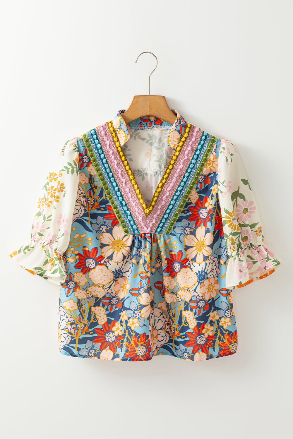 Multicolour Crochet V Neck Half Sleeve Boho Floral Blouse