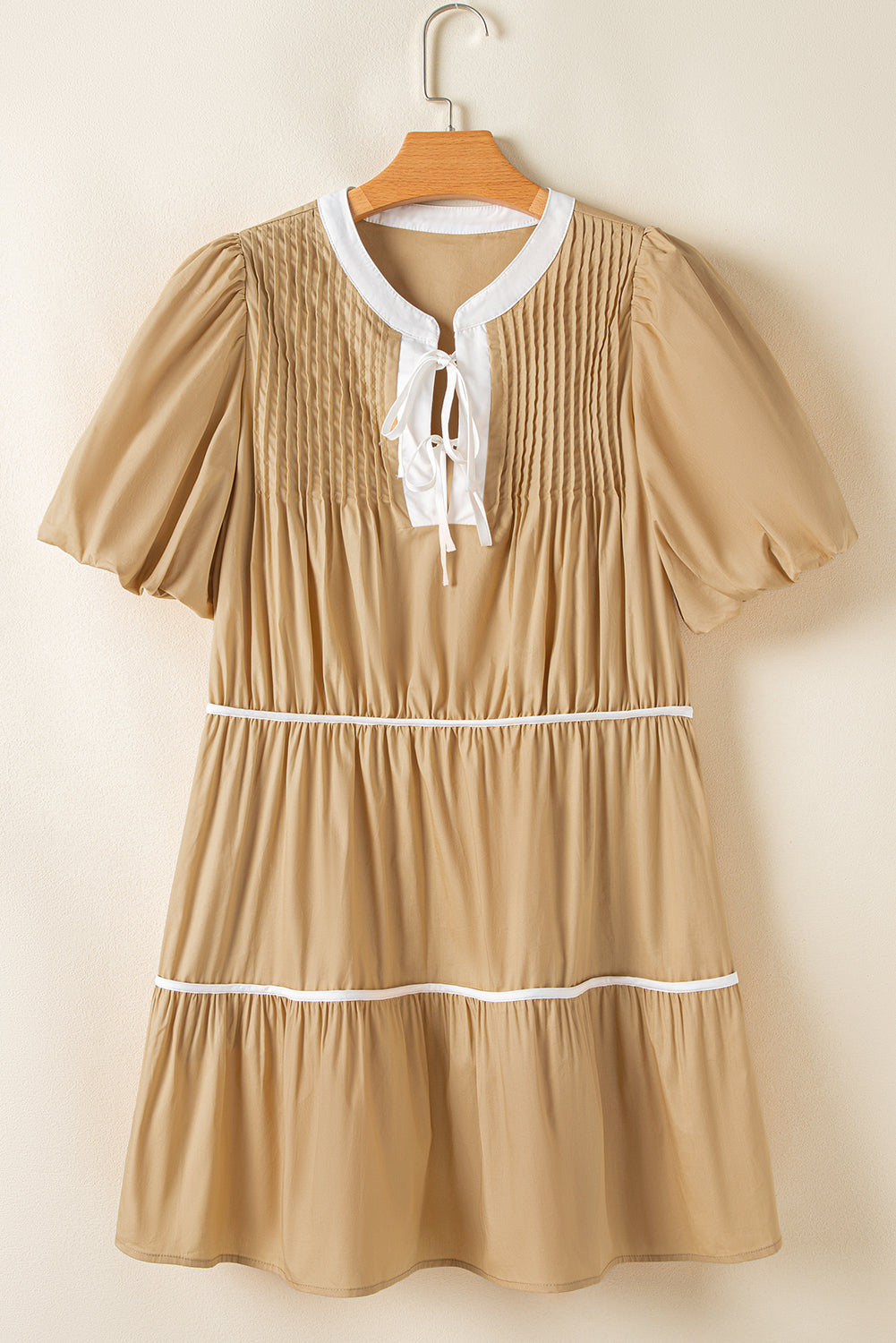 Pale Khaki Contrast Trim Pintuck Puff Sleeve Tied Neck Short Dress