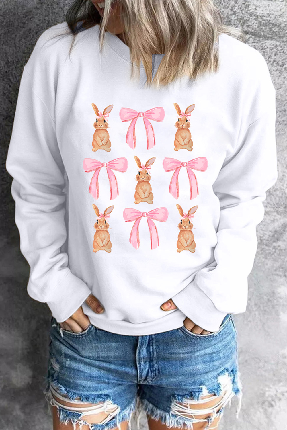 White Easter Bunny Bow Print Round Neck Pullover Sweatshirt