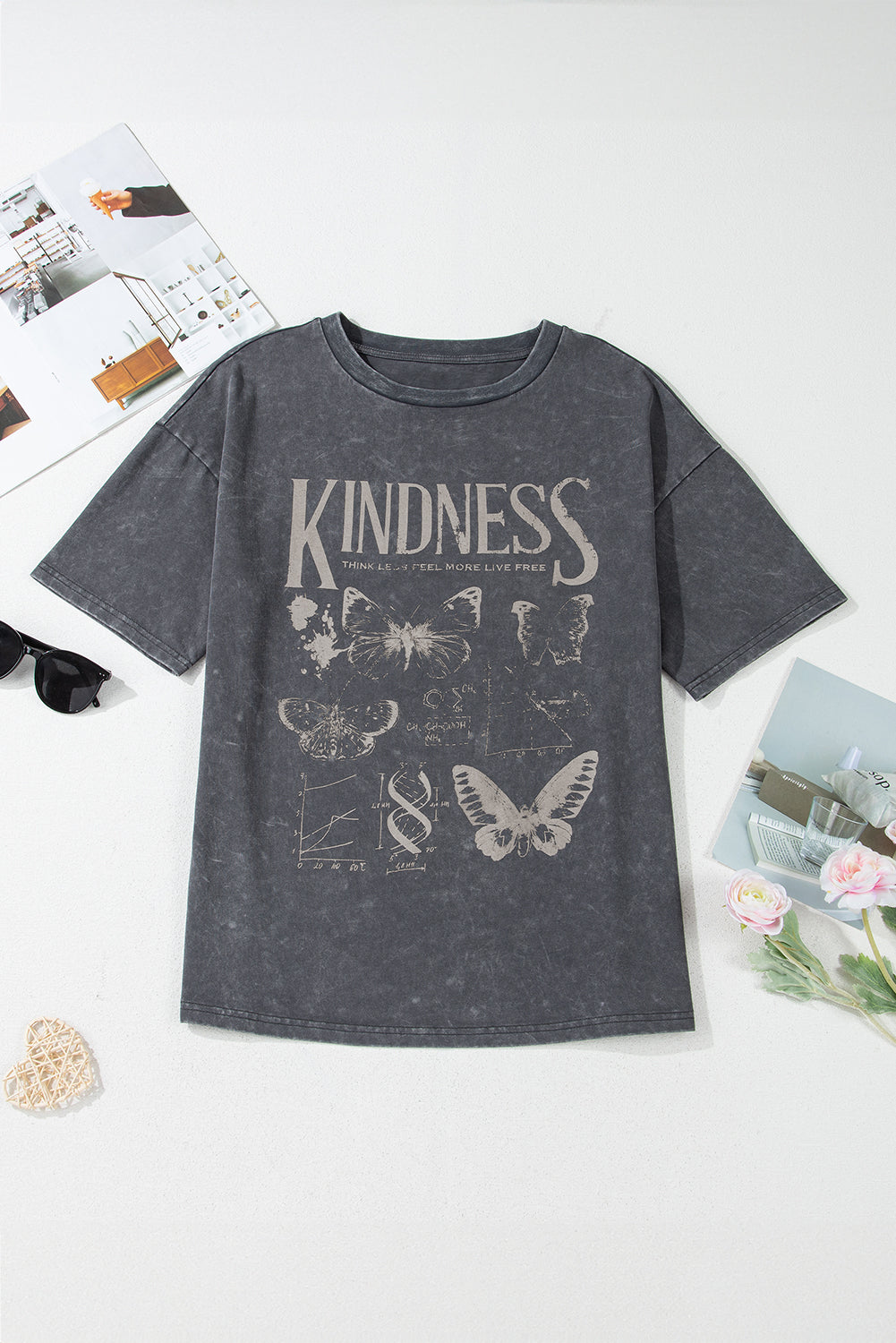 Dark Grey Kindness Butterflies Graphic Mineral Wash Loose Tee