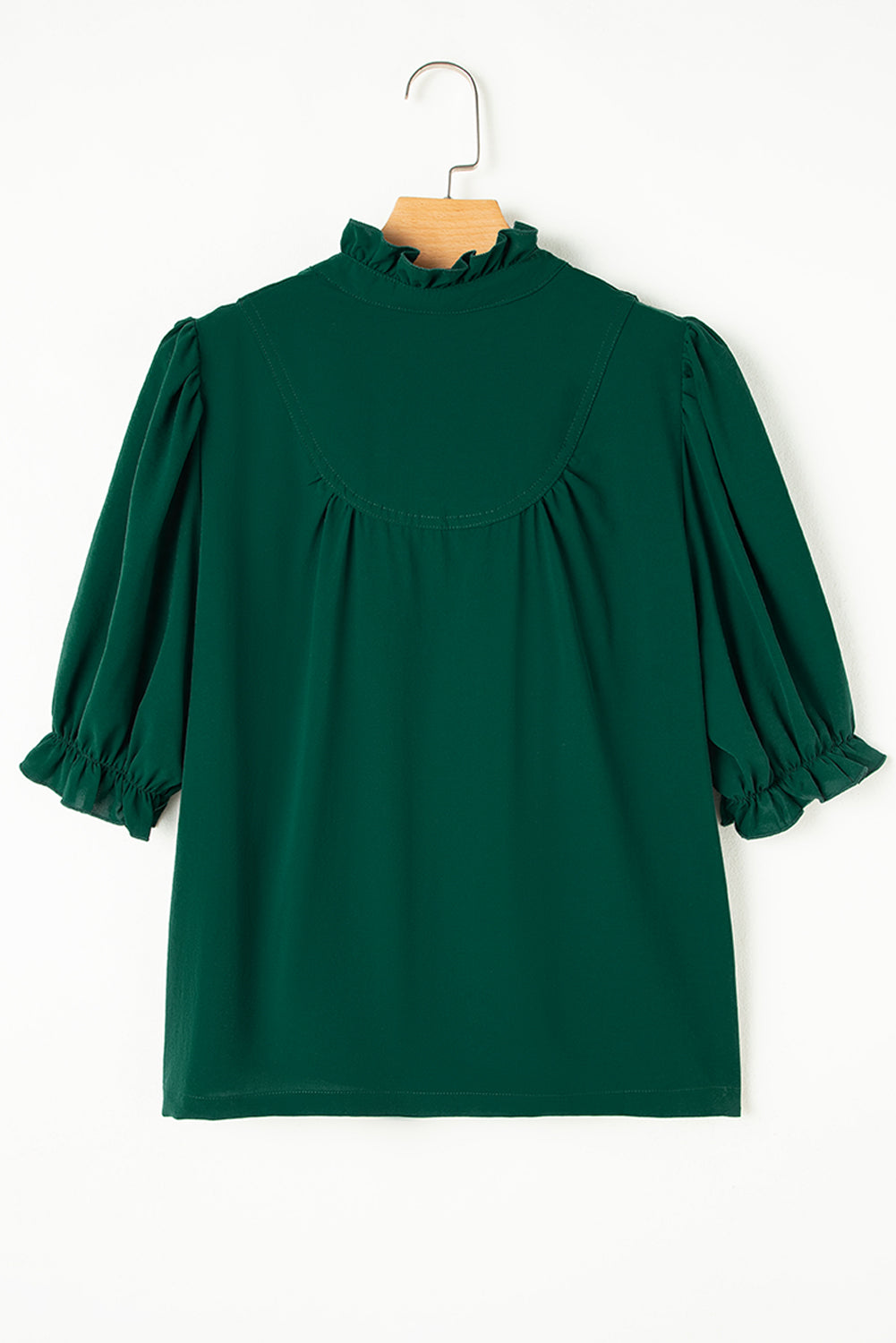 Blackish Green Solid Puff Sleeve Frilled Trim Elegant Blouse