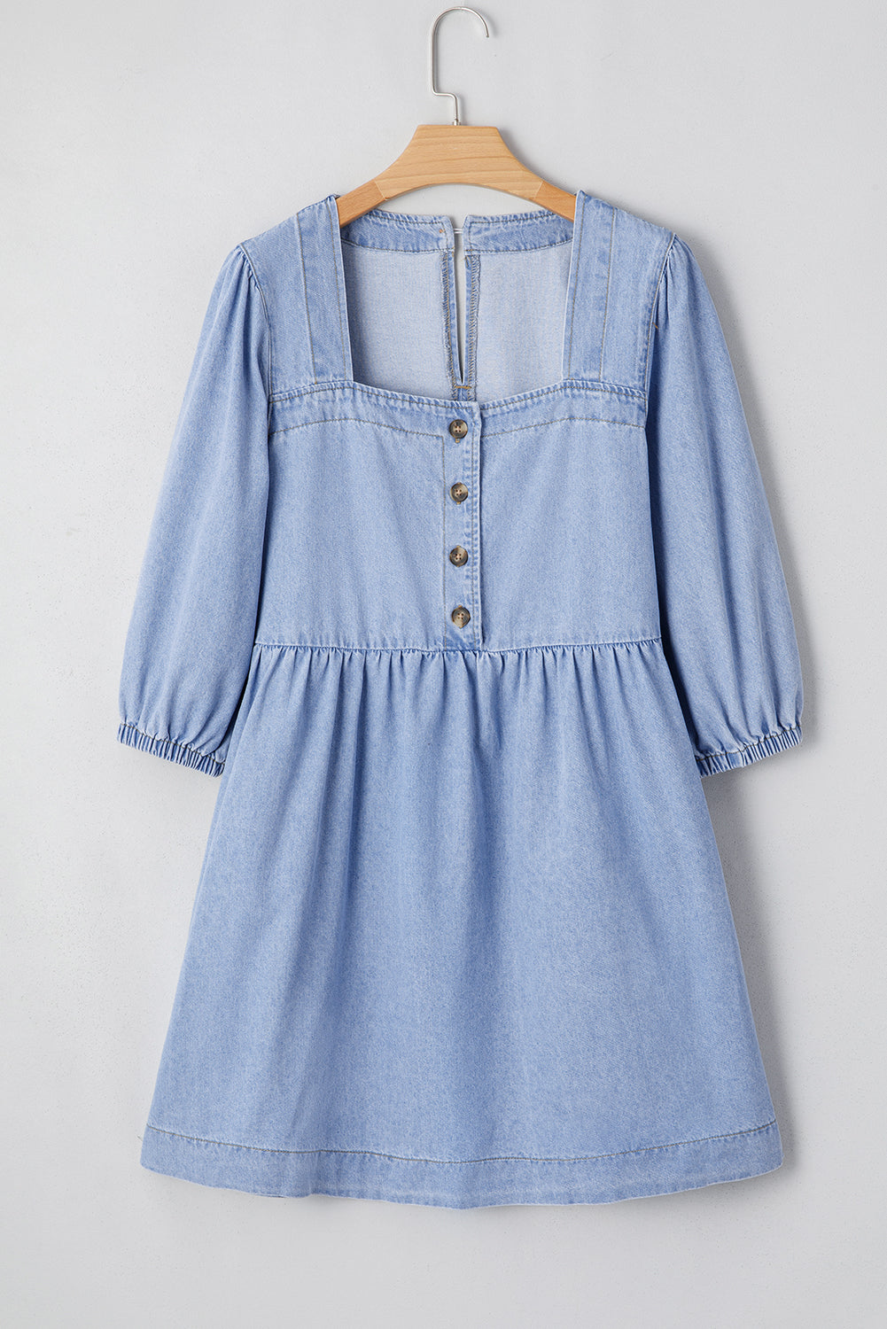 Beau Blue Denim Button Detail Babydoll Square Neck Mini Dress