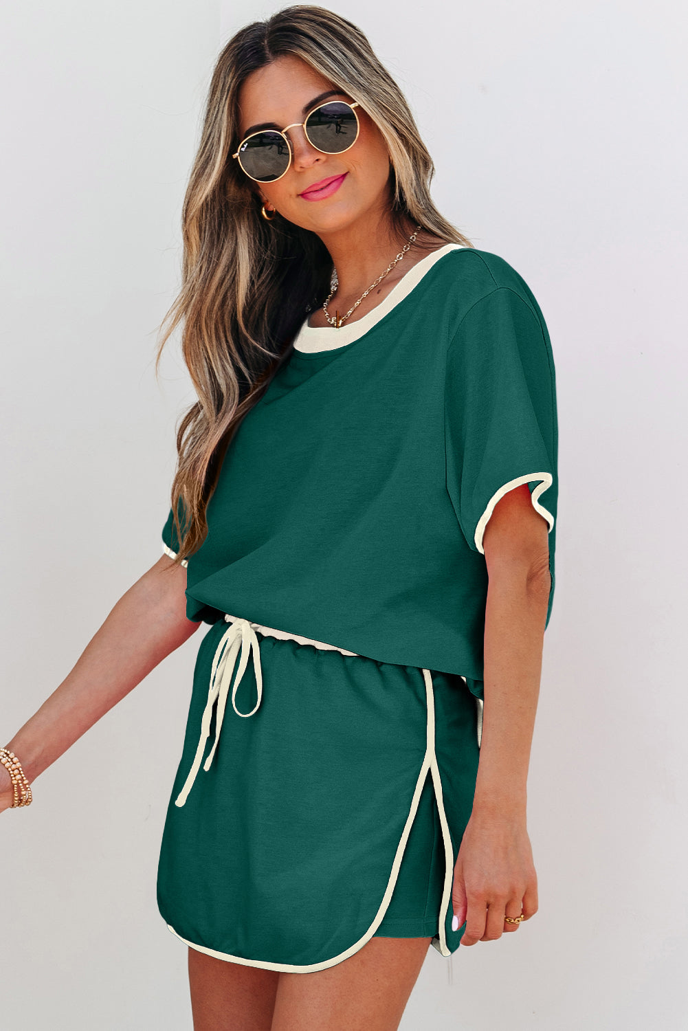 Rose Red Colorblock Edge Drop Shoulder T Shirt and Skort 2Pcs Set