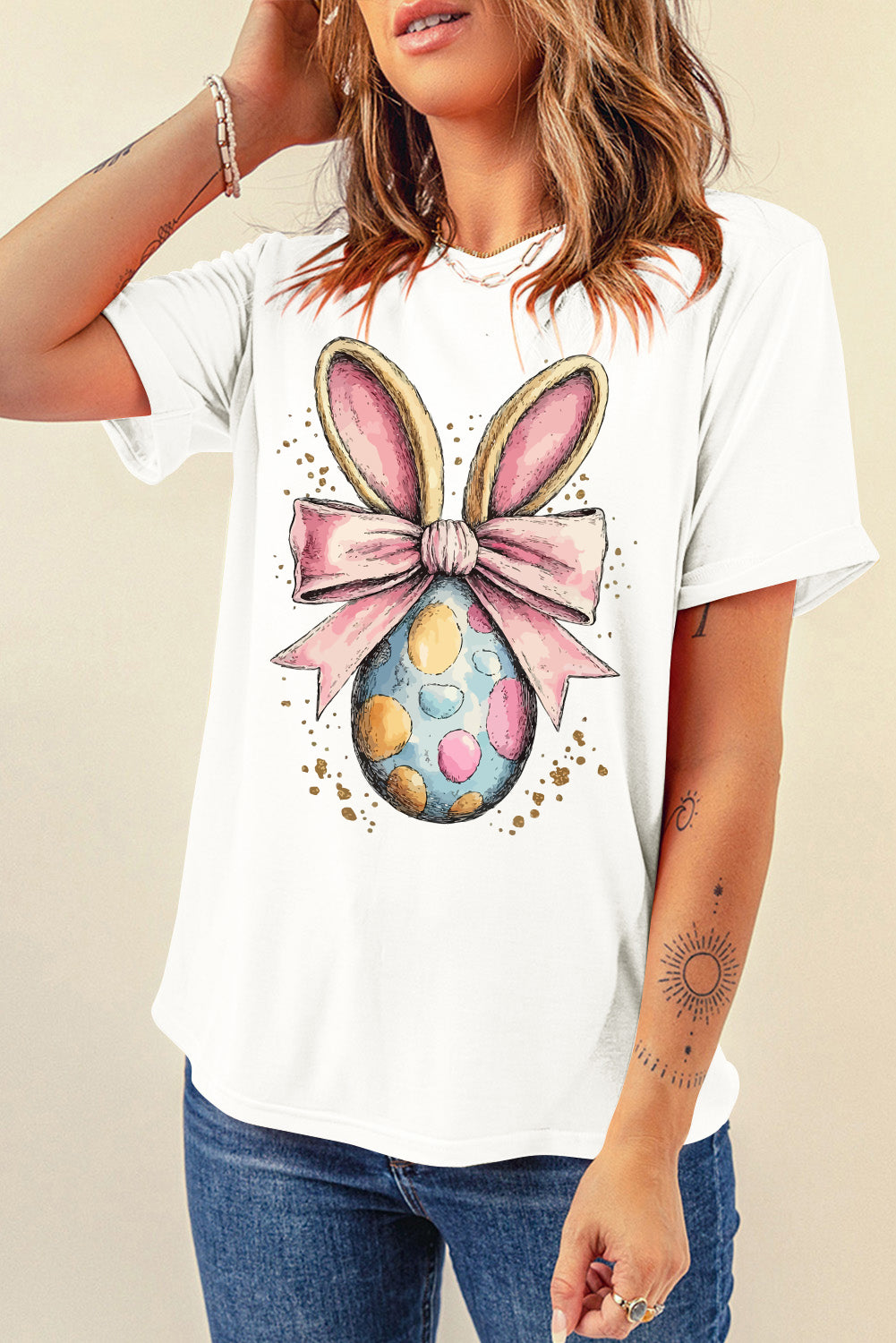 White Easter Egg Bow Bunny Ear Printed T Shirt