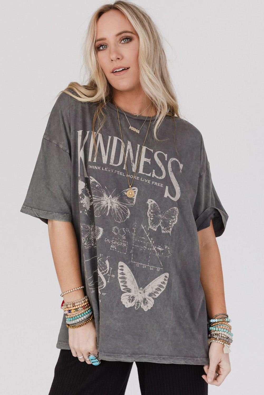 Dark Grey Kindness Butterflies Graphic Mineral Wash Loose Tee