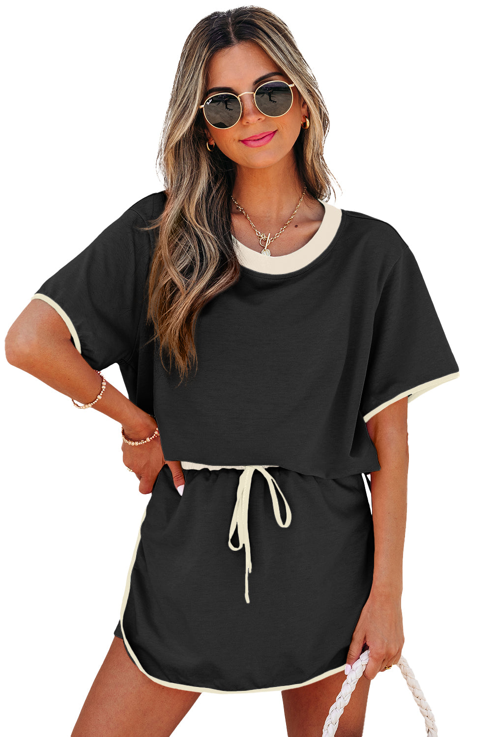 Rose Red Colorblock Edge Drop Shoulder T Shirt and Skort 2Pcs Set