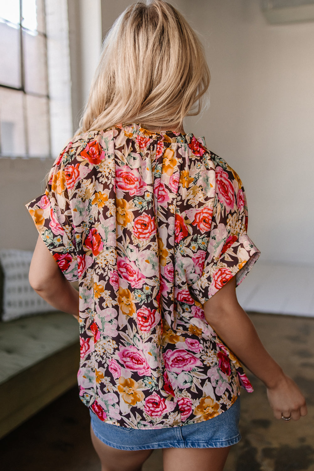 Pink Floral Print Crew Neck Short Sleeve Shift Blouse