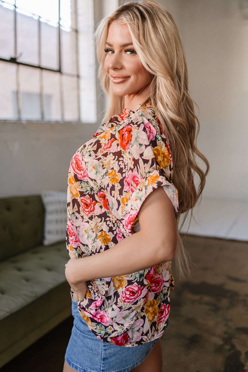 Pink Floral Print Crew Neck Short Sleeve Shift Blouse