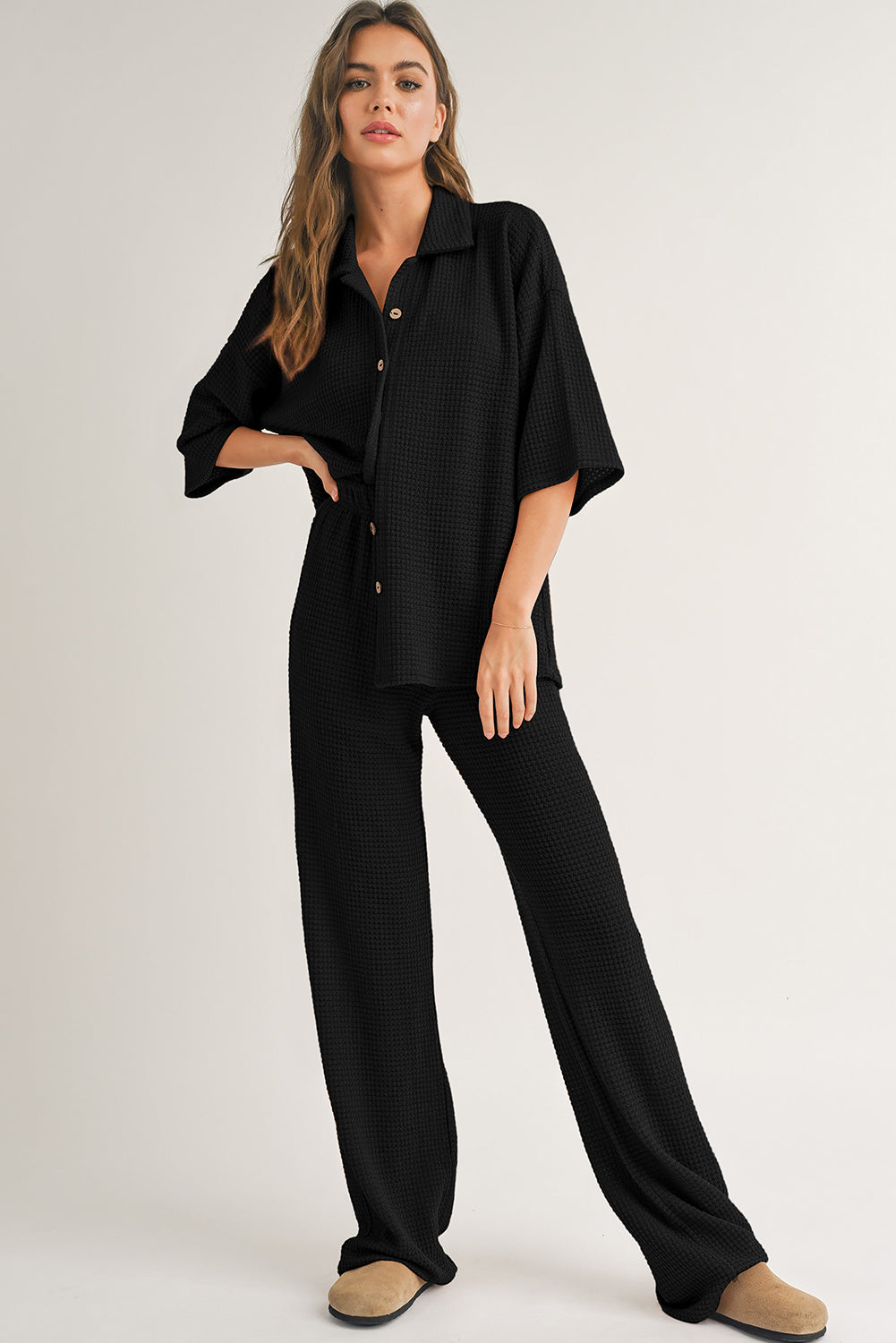 Black Solid Color Textured Buttoned Shirt and Casual Pants Set