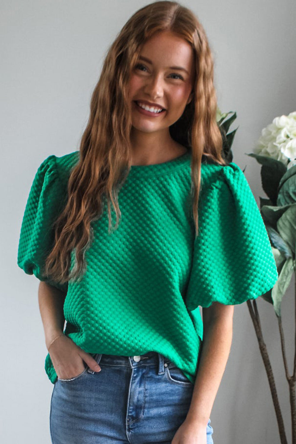 Sea Green Solid Textured O Neck Puff Sleeve Blouse