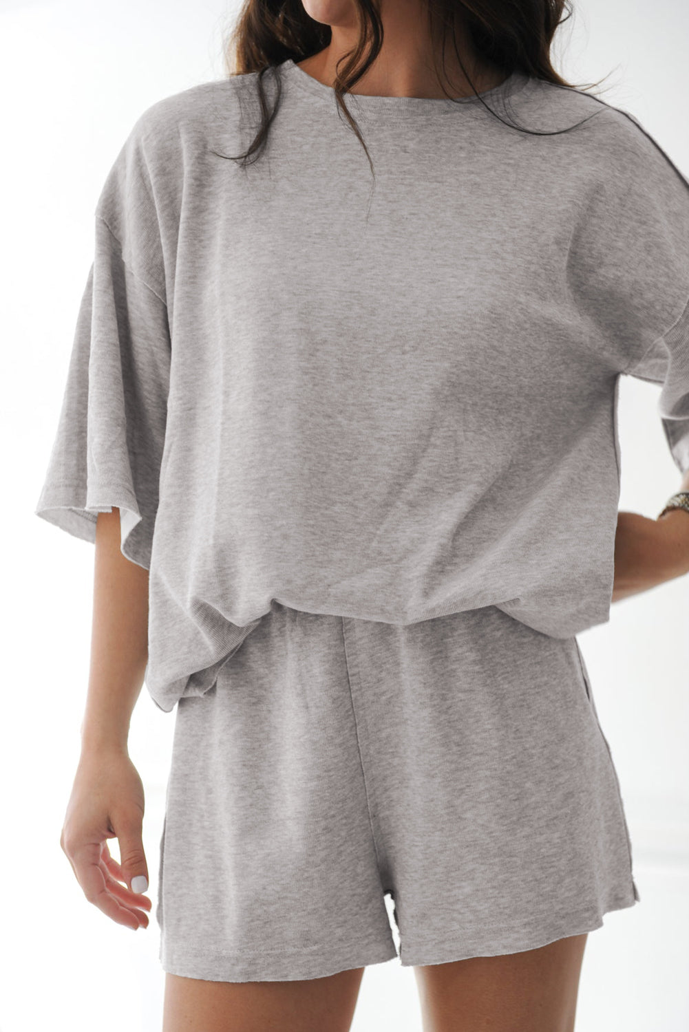 Gray Solid Color Loose Tee 2 Piece Shorts Set