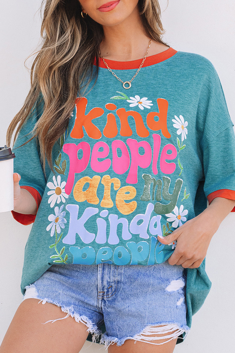 Dusk Blue Kind People are My Kind People Graphic Oversized Tee