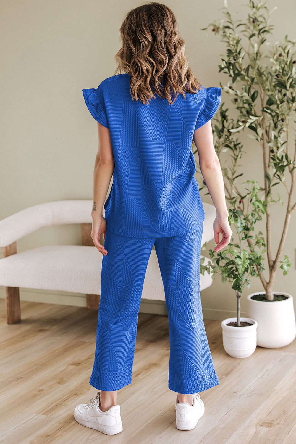 Dark Blue Ruffled Sleeve Summer Top and Cropped Loose Pants Set